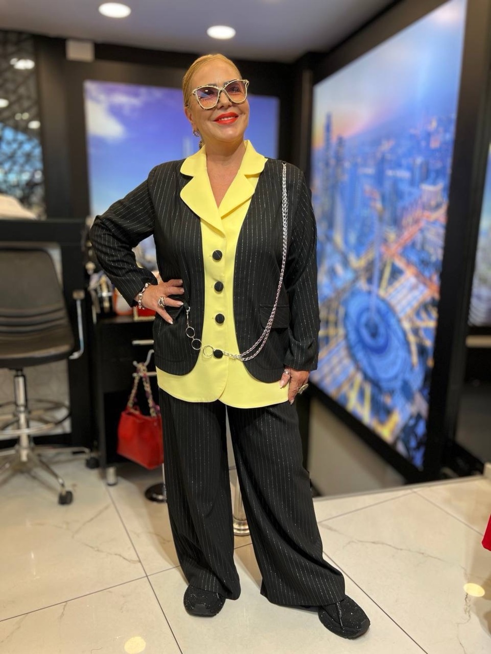 Yellow Contrast Blazer & Wide-Leg Pants Set